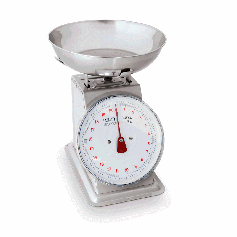 Keukenweegschaal tot 20 kilo RVS schaal per 100 gr.