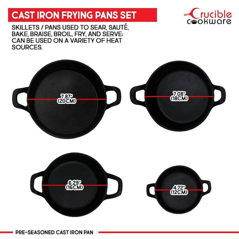 Crucible Cookware – 4-piece set of different sizes cast iron frying pans