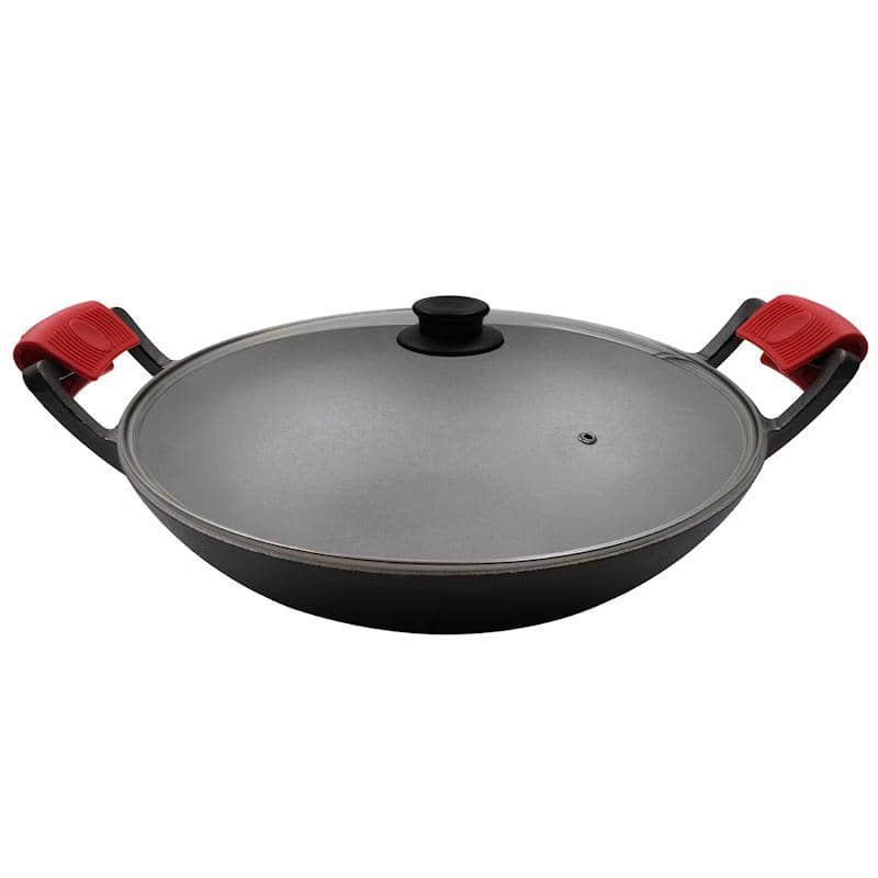 Crucible Cookware – Gietijzeren wok Ø 36 cm inclusief glazen deksel en 2 siliconen handvathouders