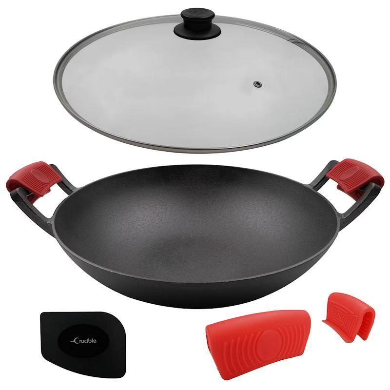 Crucible Cookware – Gietijzeren wok Ø 36 cm inclusief glazen deksel en 2 siliconen handvathouders