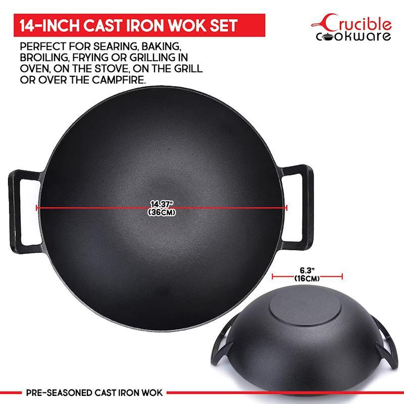 Crucible Cookware – Cast iron wok Ø 36 cm including glass lid and 2 silicone handle holders